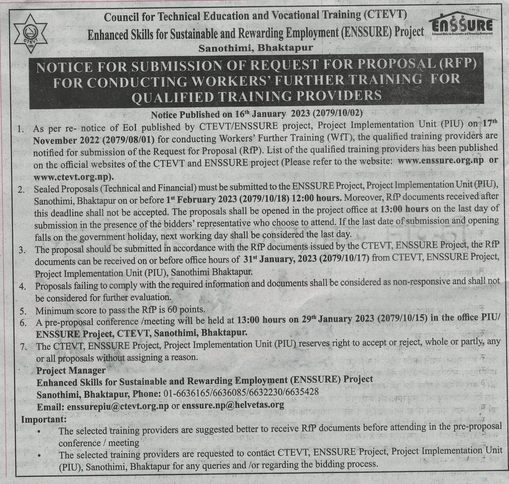 NOTICE FOR SUBMISSION OF REQUEST FOR PROPOSAL (RFP)  FOR CONDUCTING WORKERS’ FURTHER TRAINING  FOR QUALIFIED TRAINING PROVIDERS